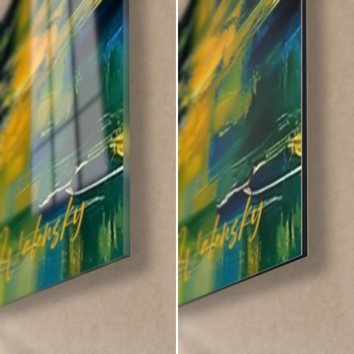 Quadro ruscello tropicale in pittura a impasto spesso, blu profondo e oro, angolo in basso a destra in vetro lucido e Dibond opaco, spessore 3 mm