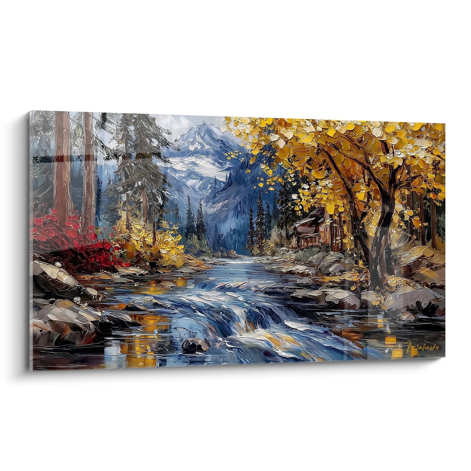 Tableau rivière de montagne automne avec cascade dorée et forêt colorée, peinture paysage naturel