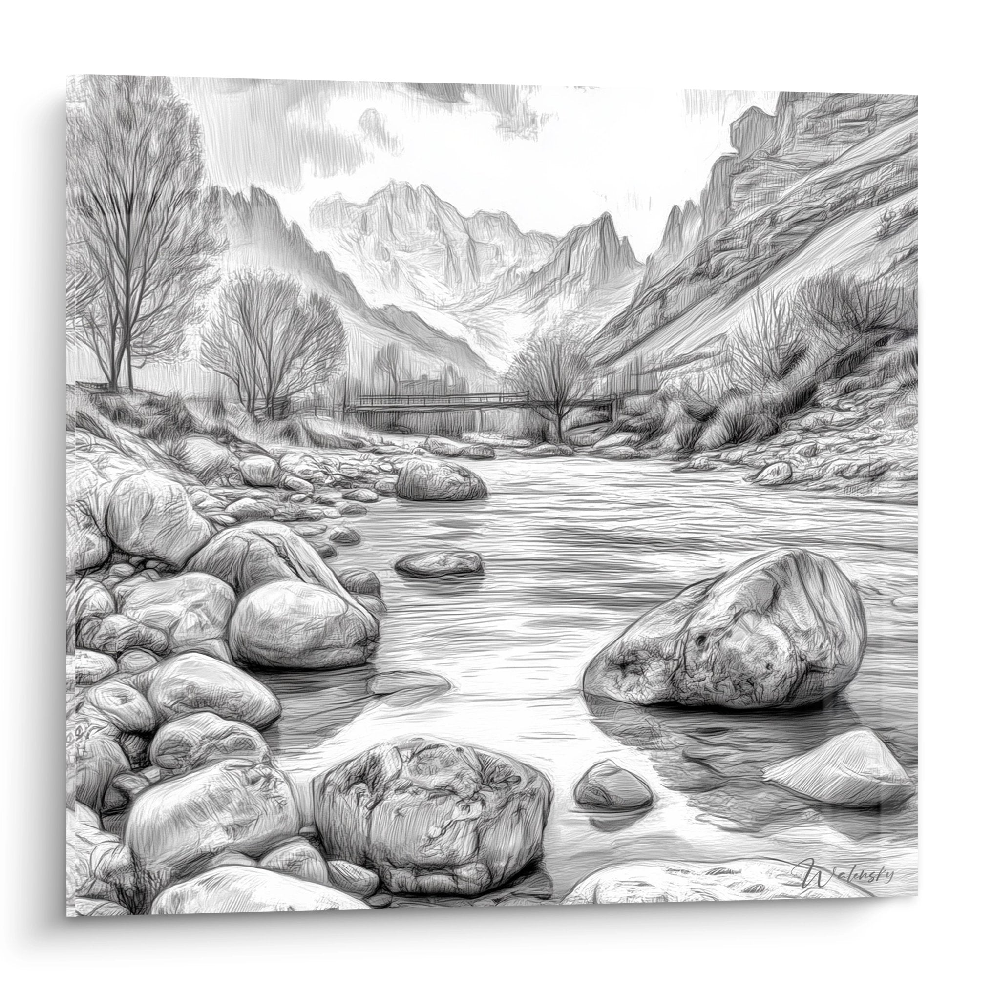Tableau mural rivière montagne noir blanc avec rochers et canyon alpin - art nature réaliste