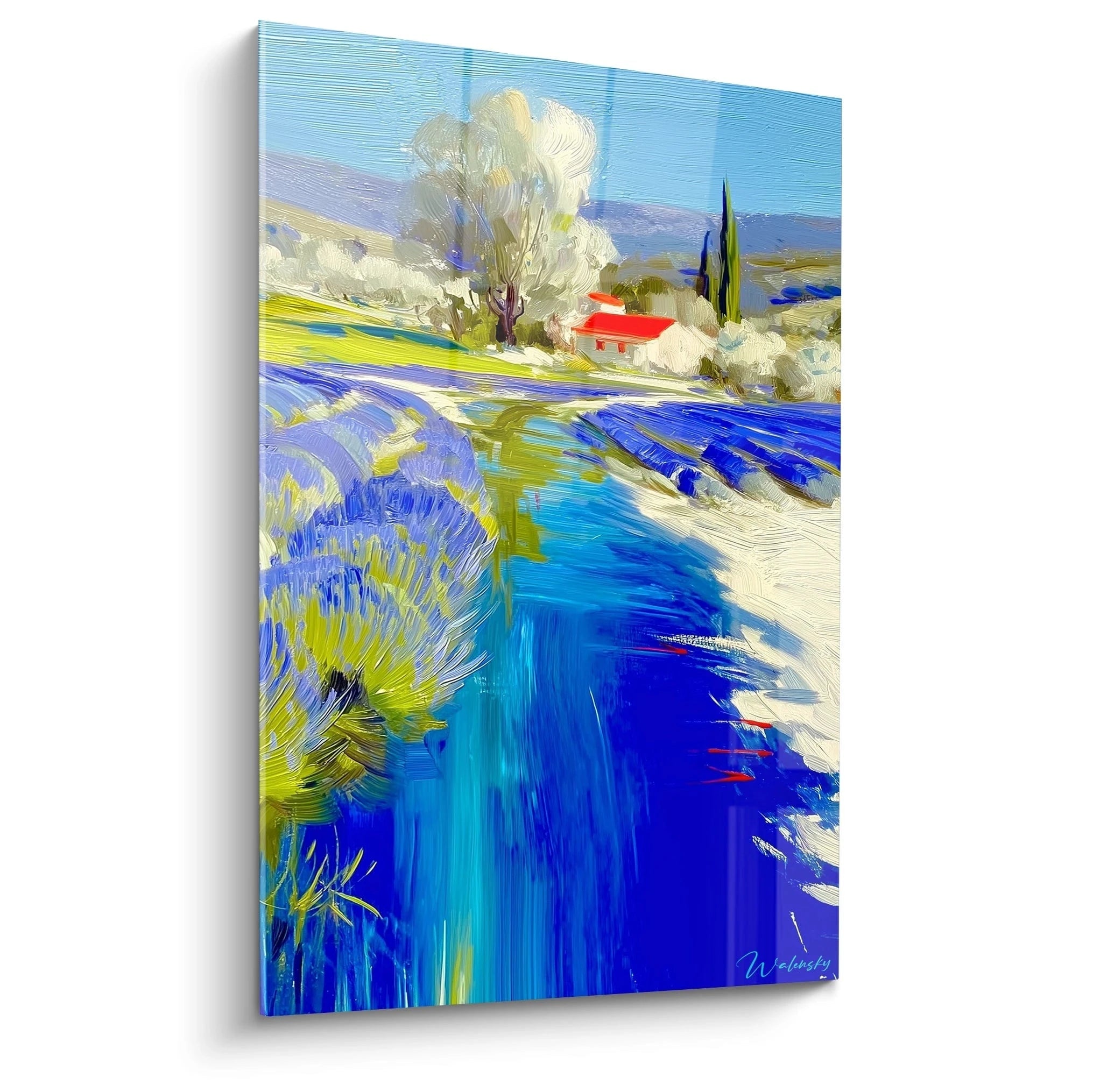 tableau impressionniste rivière Walensky tableau mural paysage lavande berges bleues et maison au toit rouge