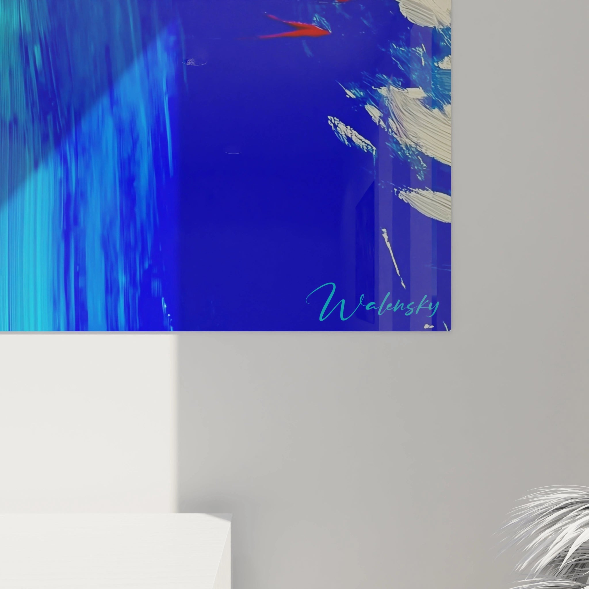 Tableau mural Walensky bleu abstrait avec touches blanches et poissons rouges tableau impressionniste rivière