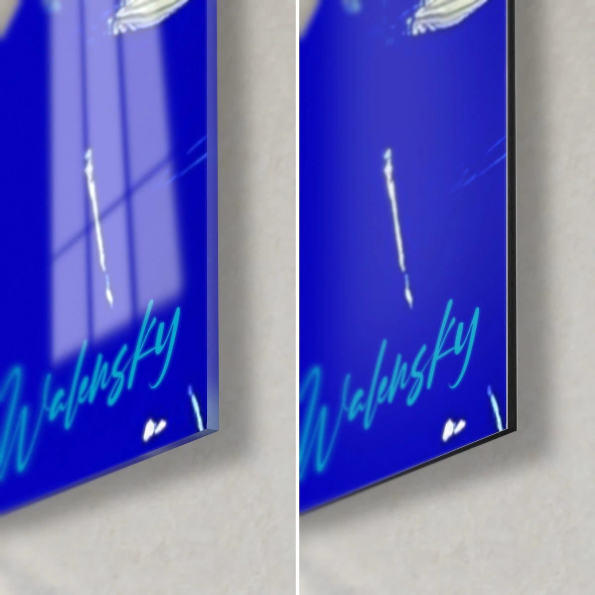 Quadro fiume turchese dipinto a olio, angolo in basso a destra: firma Walensky azzurra, vetro lucido e Dibond opaco