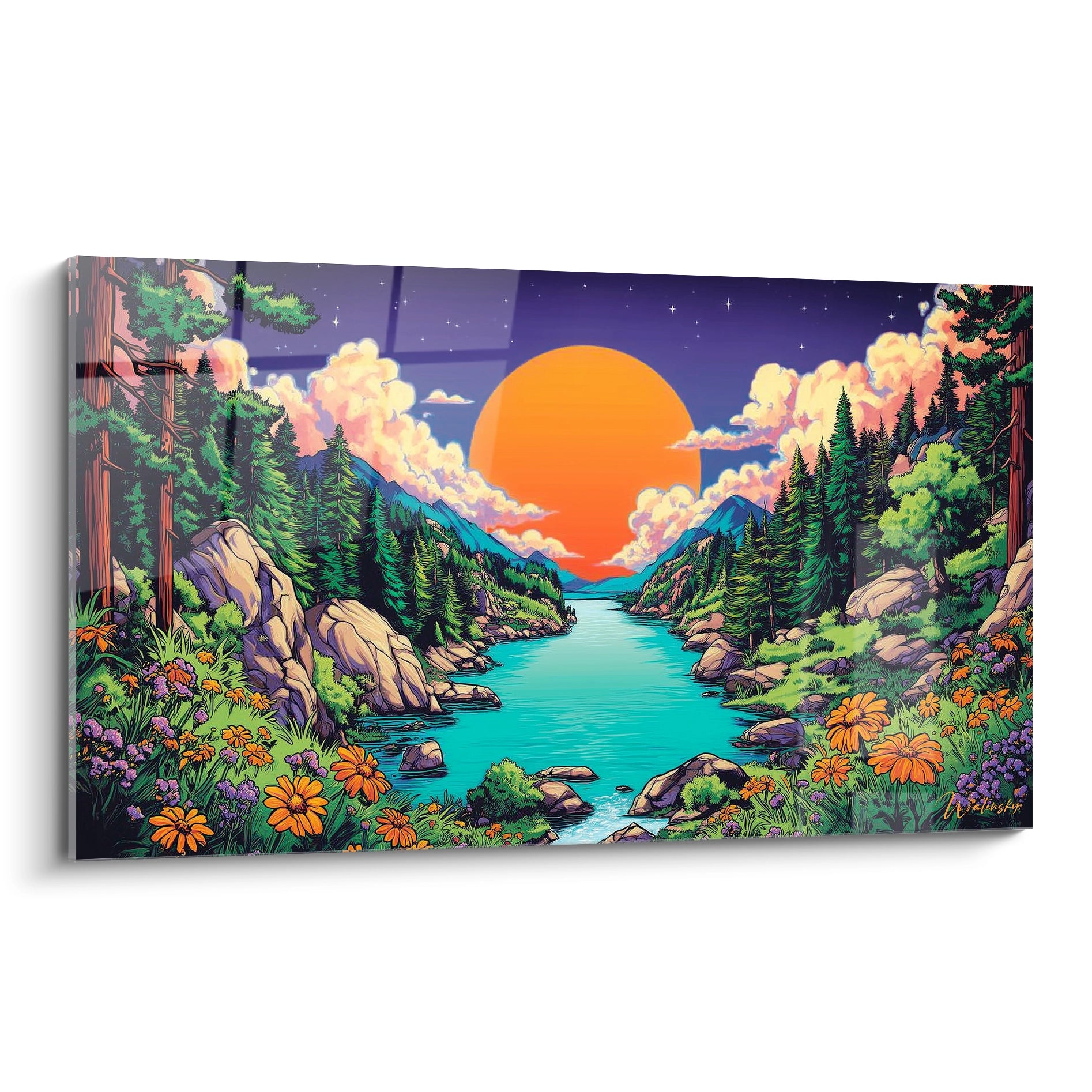 Tableau mural rivière tropicale style bande dessinée avec coucher de soleil orange et végétation luxuriante