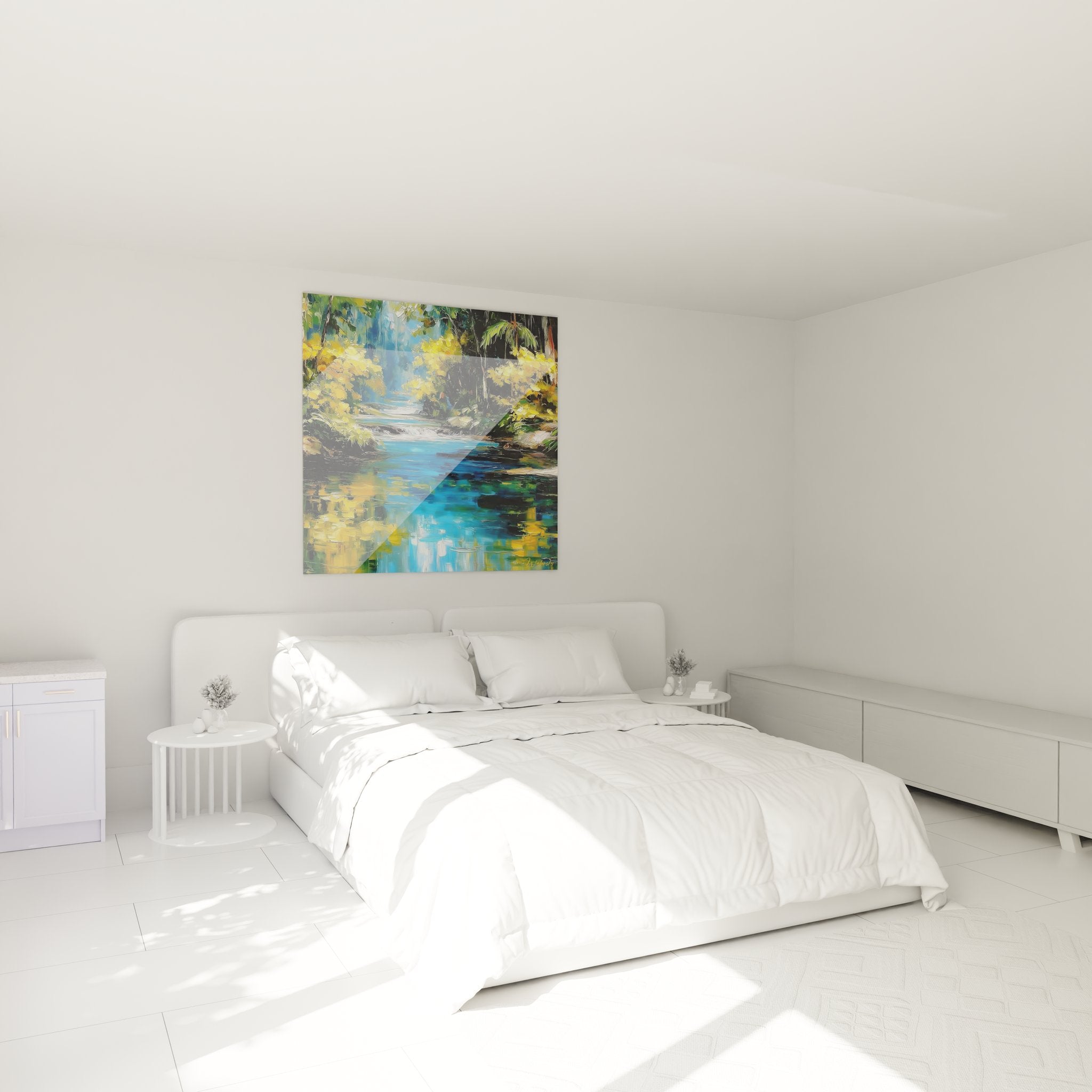 Décoration chambre tableau rivière tropicale tons dorés bleus ambiance zen nature exotique