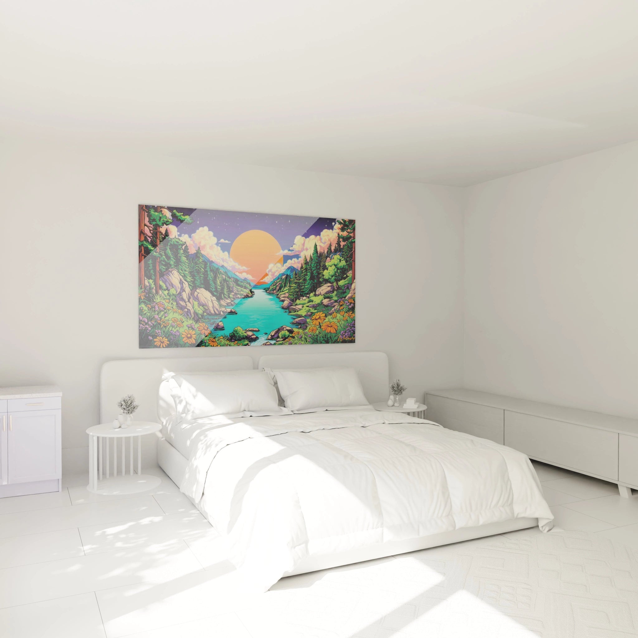 Décoration chambre avec tableau paysage rivière tropicale bande dessinée aux couleurs vives et apaisantes