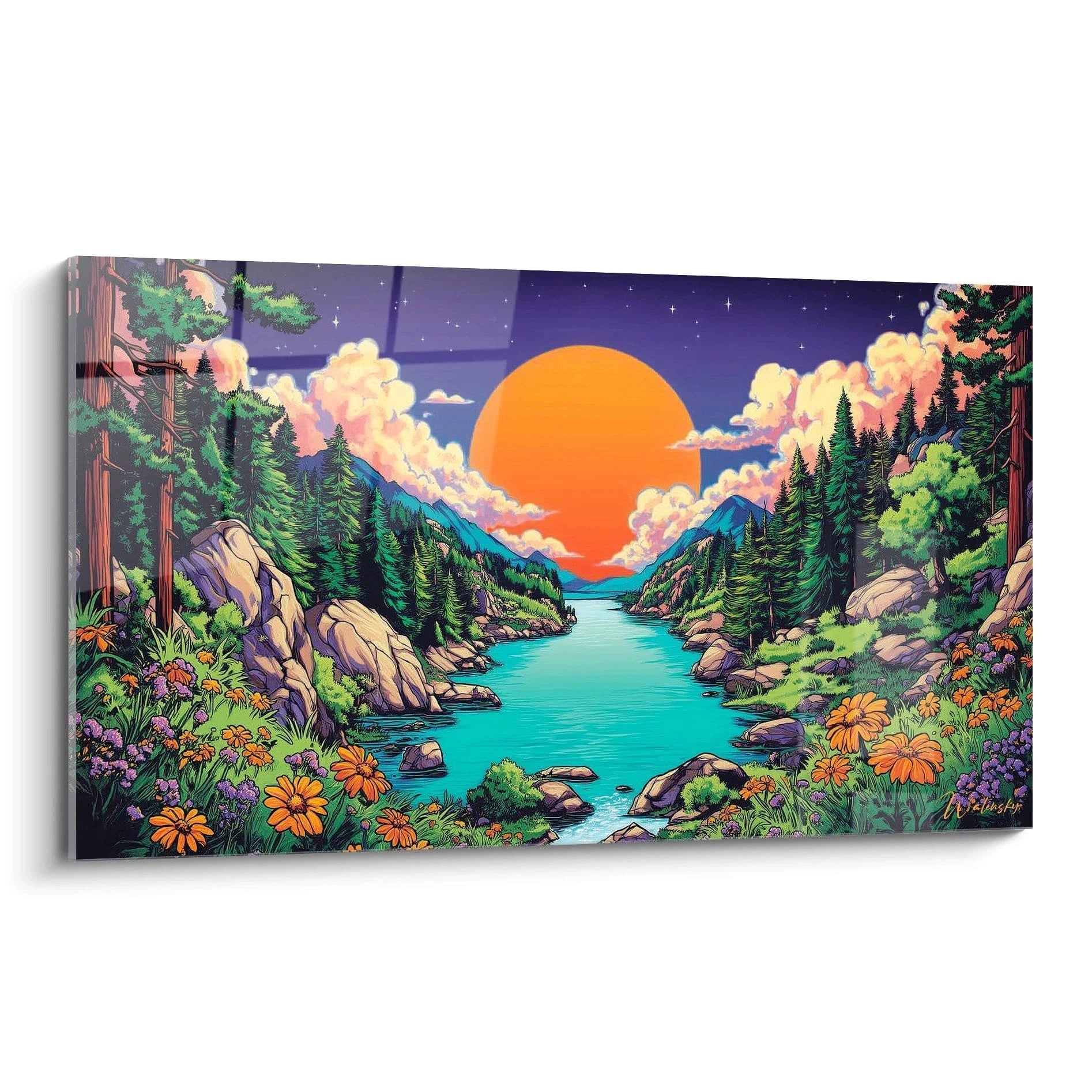 Tableau mural rivière tropicale style bande dessinée avec coucher de soleil orange et végétation luxuriante