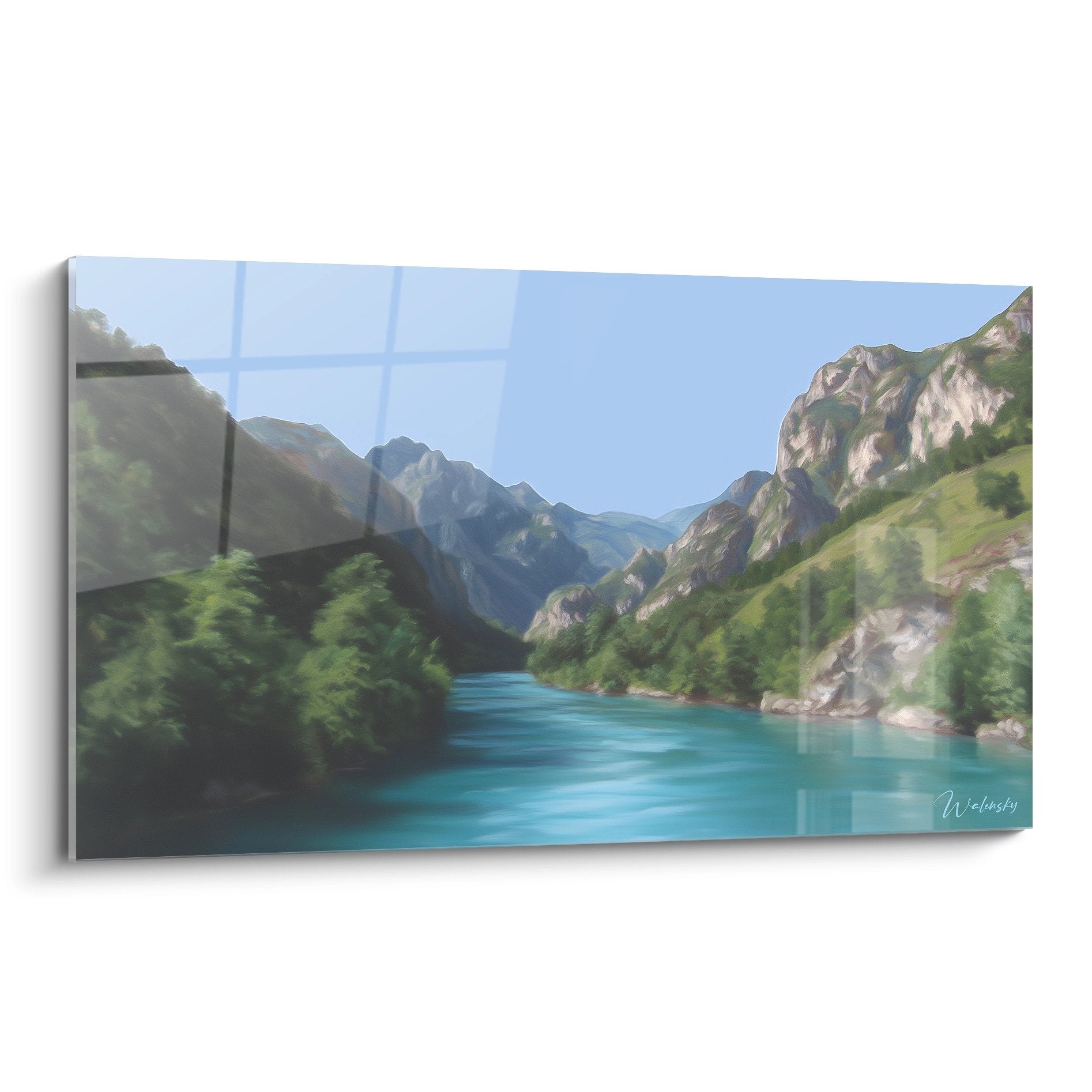 Tableau mural rivière turquoise serpentant dans vallée montagneuse avec falaises et végétation luxuriante