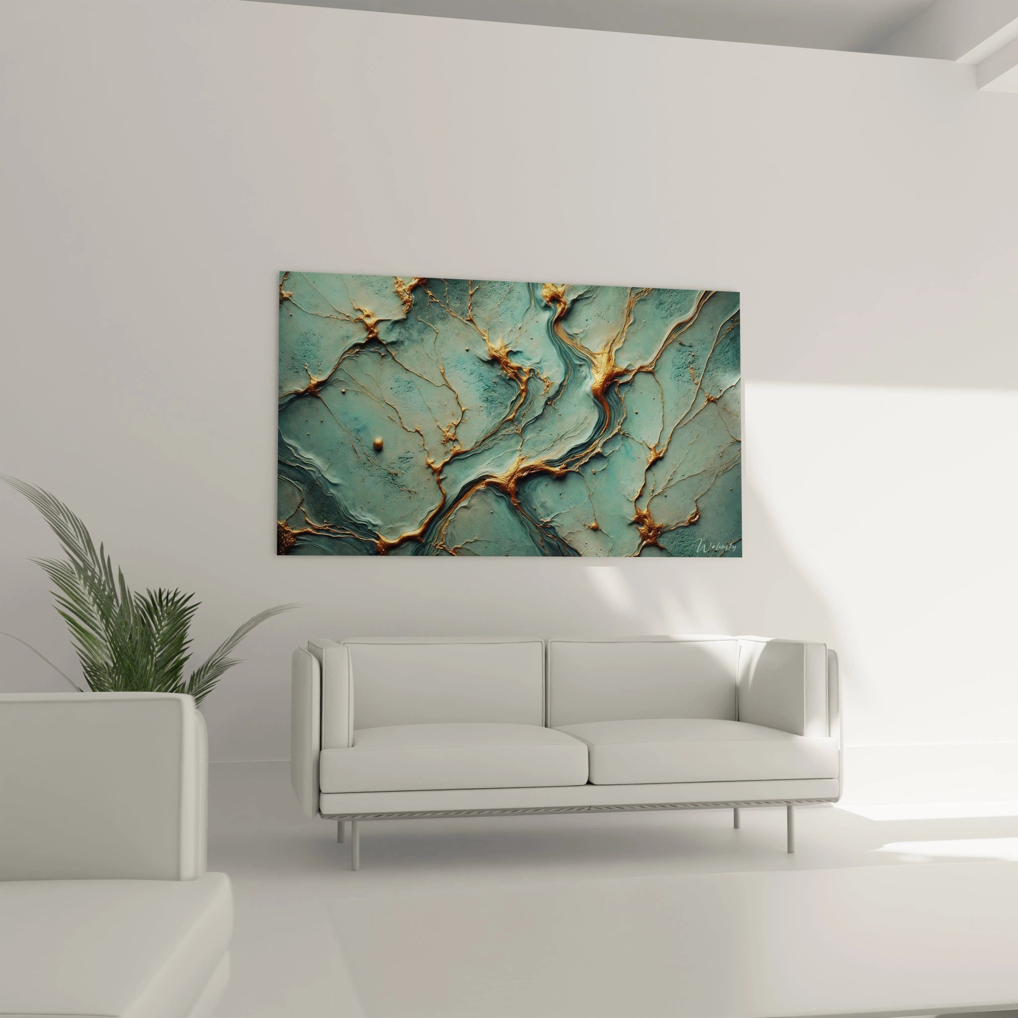 Un tableau texturé abstrait aux nuances de bleu et de vert, traversé par des lignes dorées en relief sur un fond irrégulier.
