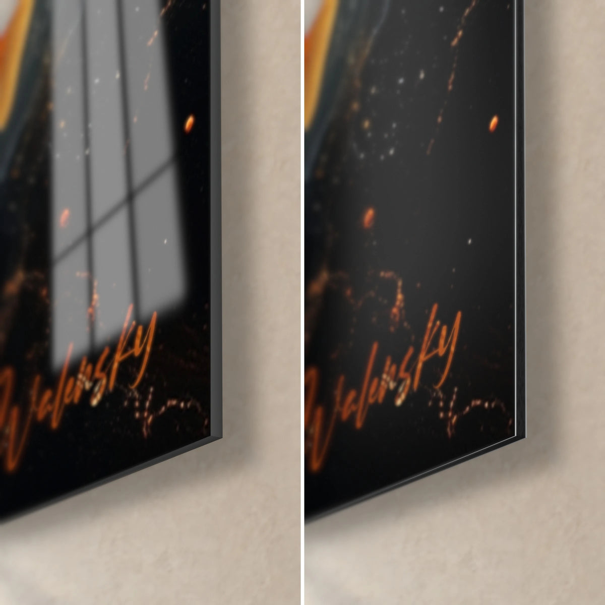 Gemälde mit orangefarbenen und schwarzen Feueradern, untere rechte Ecke: glänzendes Acrylglas links, matte Dibond-Platte rechts, 3 mm Kante