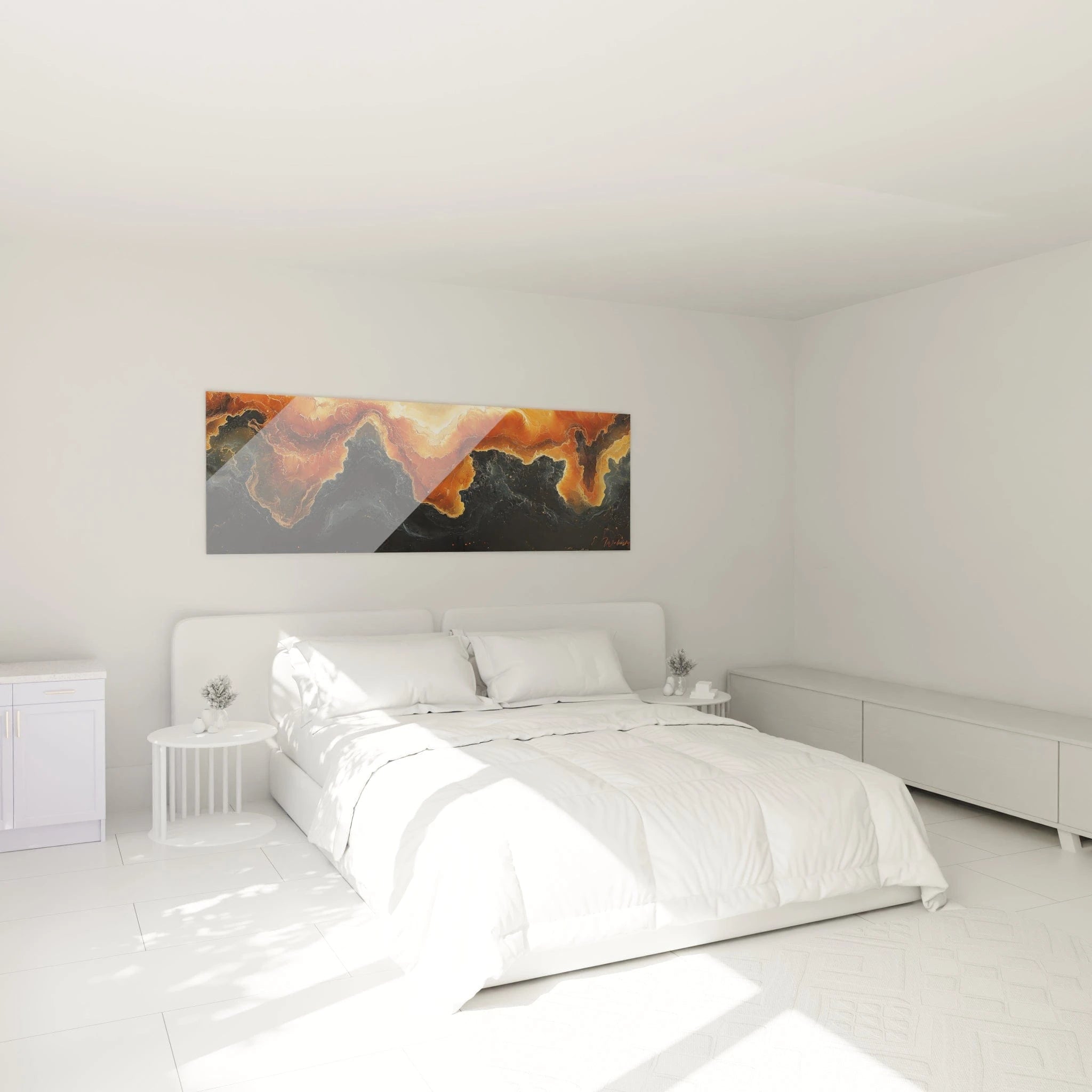 Tableau expressionniste abstrait de Walensky avec des teintes orange et noires, parfait pour décorer une chambre moderne