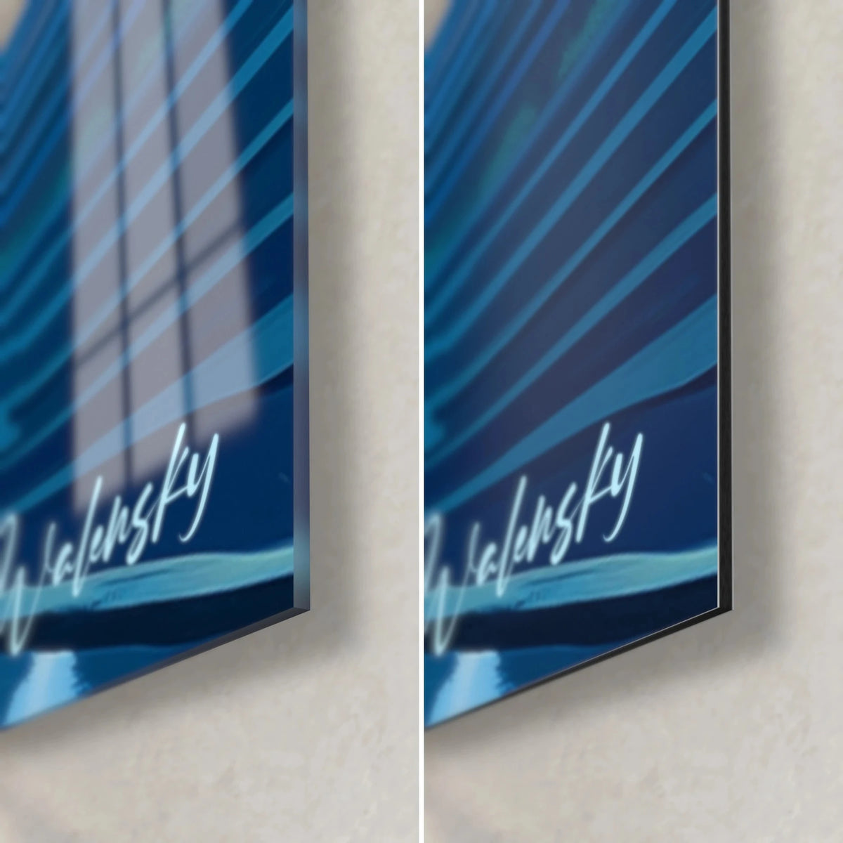 Tableau rizières bleues et dorées, coin bas droit : acrylique brillant à reflets, Dibond mat et tranche de 3 mm