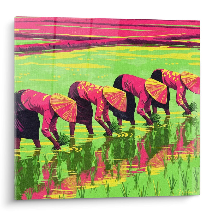 Tableau Femmes en Habits Roses Plantant du Riz dans Paysage Vert et Magenta - Harmonie des Champs - Edition Rizières