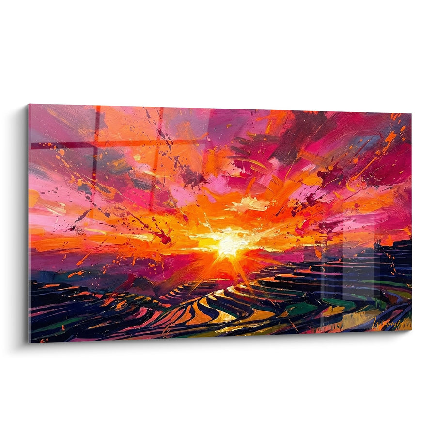 Tableau Terrasses Agricoles Soleil Levant aux Teintes Pourpres et Orangées - Aurore Sacrée - Edition Rizières
