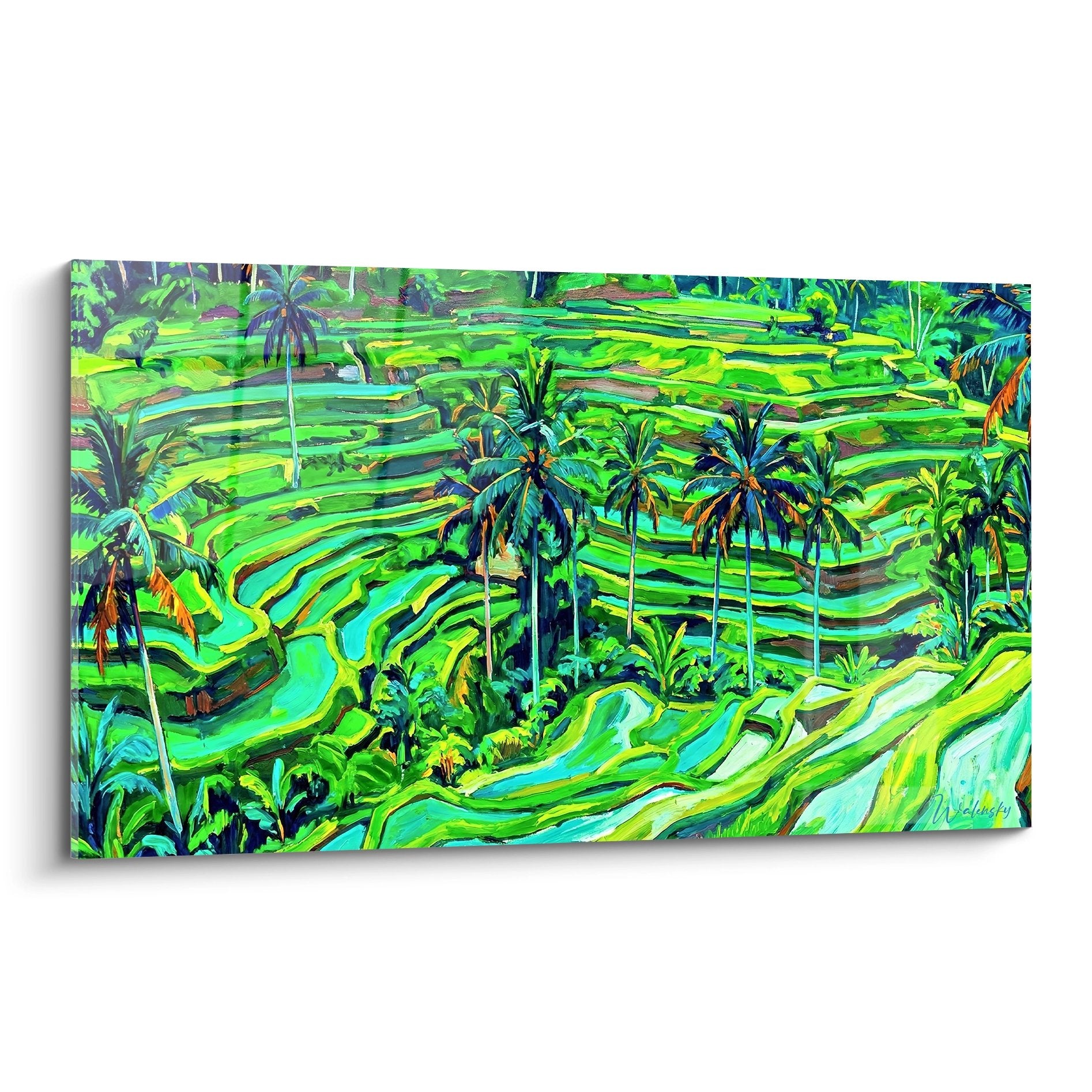 Tableau rizières en terrasses vertes Bali avec palmiers tropicaux peinture paysage exotique déco murale