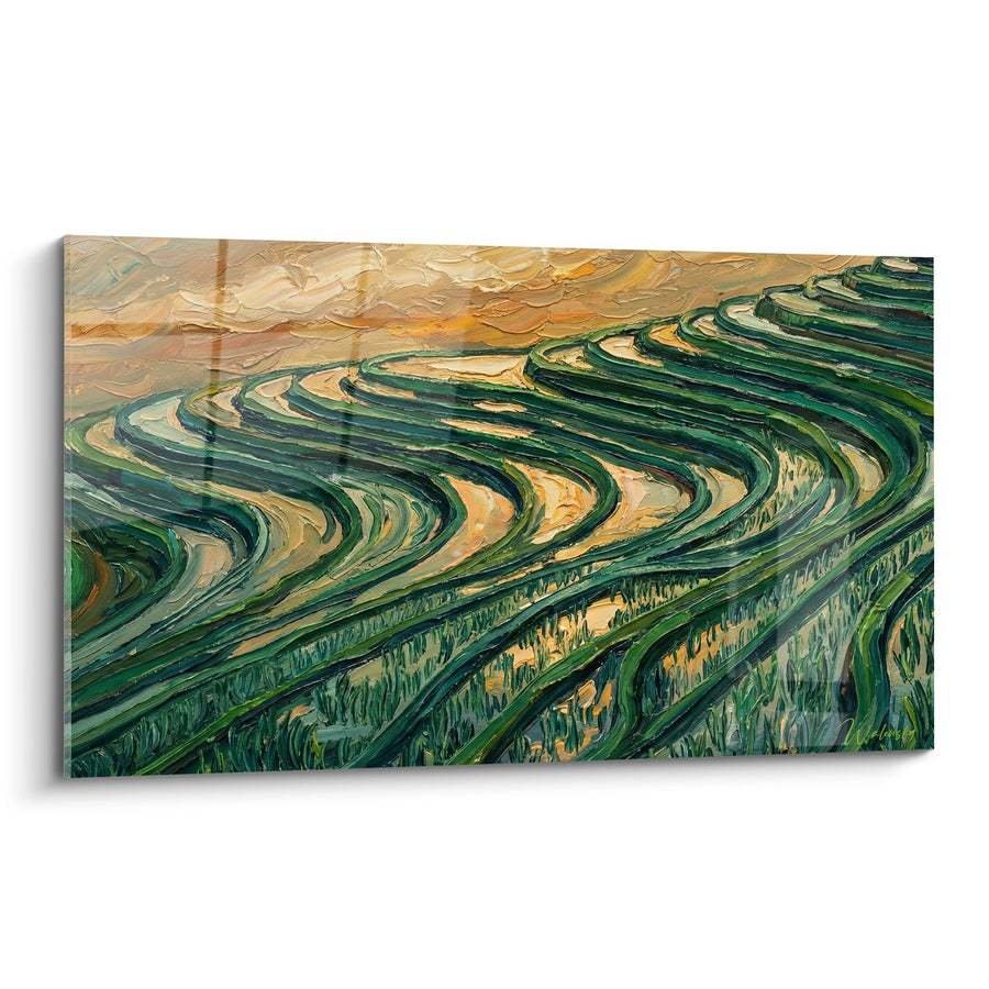 Tableau rizières en terrasses aux couleurs vertes et dorées - Harmonie des Champs - Edition Bali