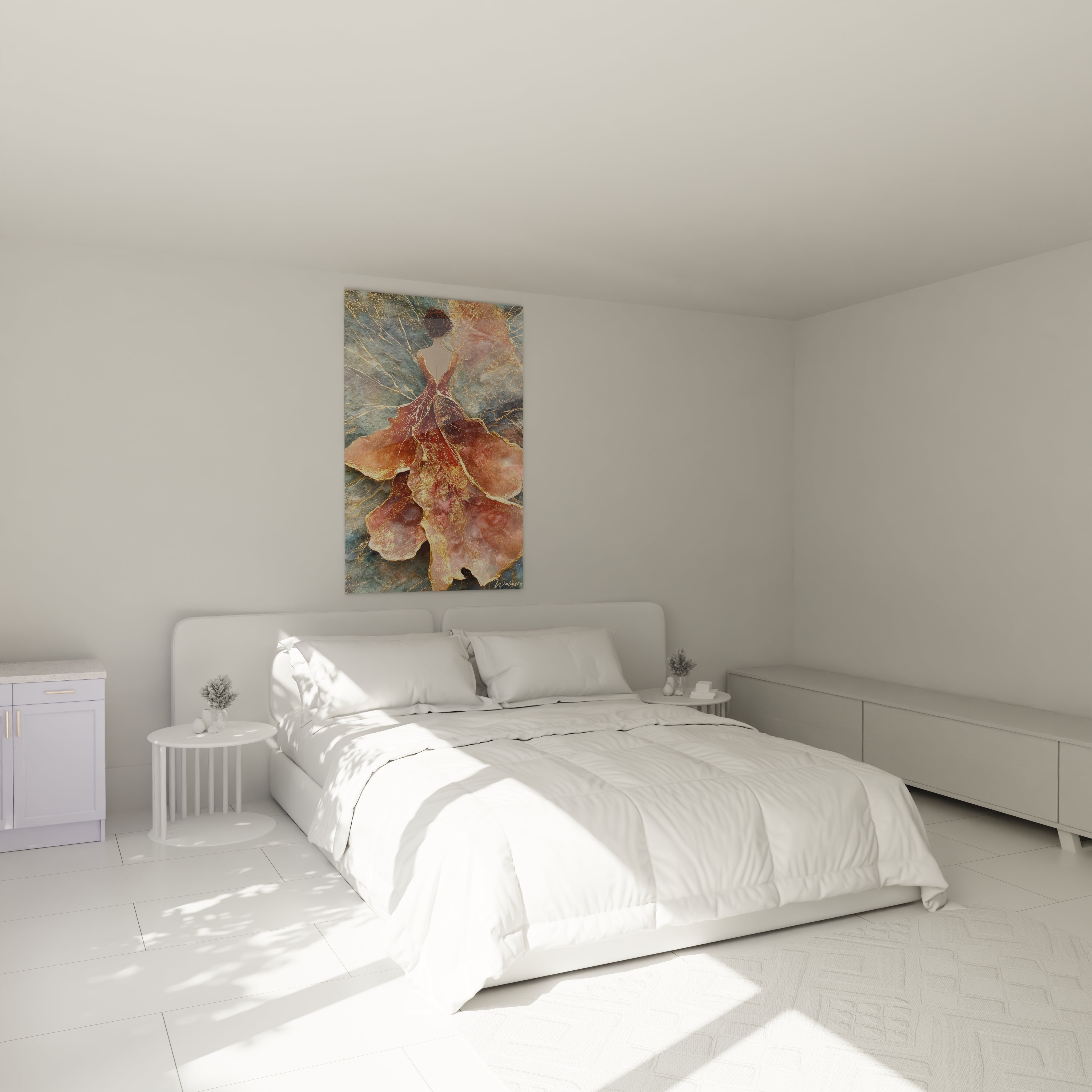 Tableau mural robe haute couture accroché dans une chambre moderne avec un lit et des meubles clairs