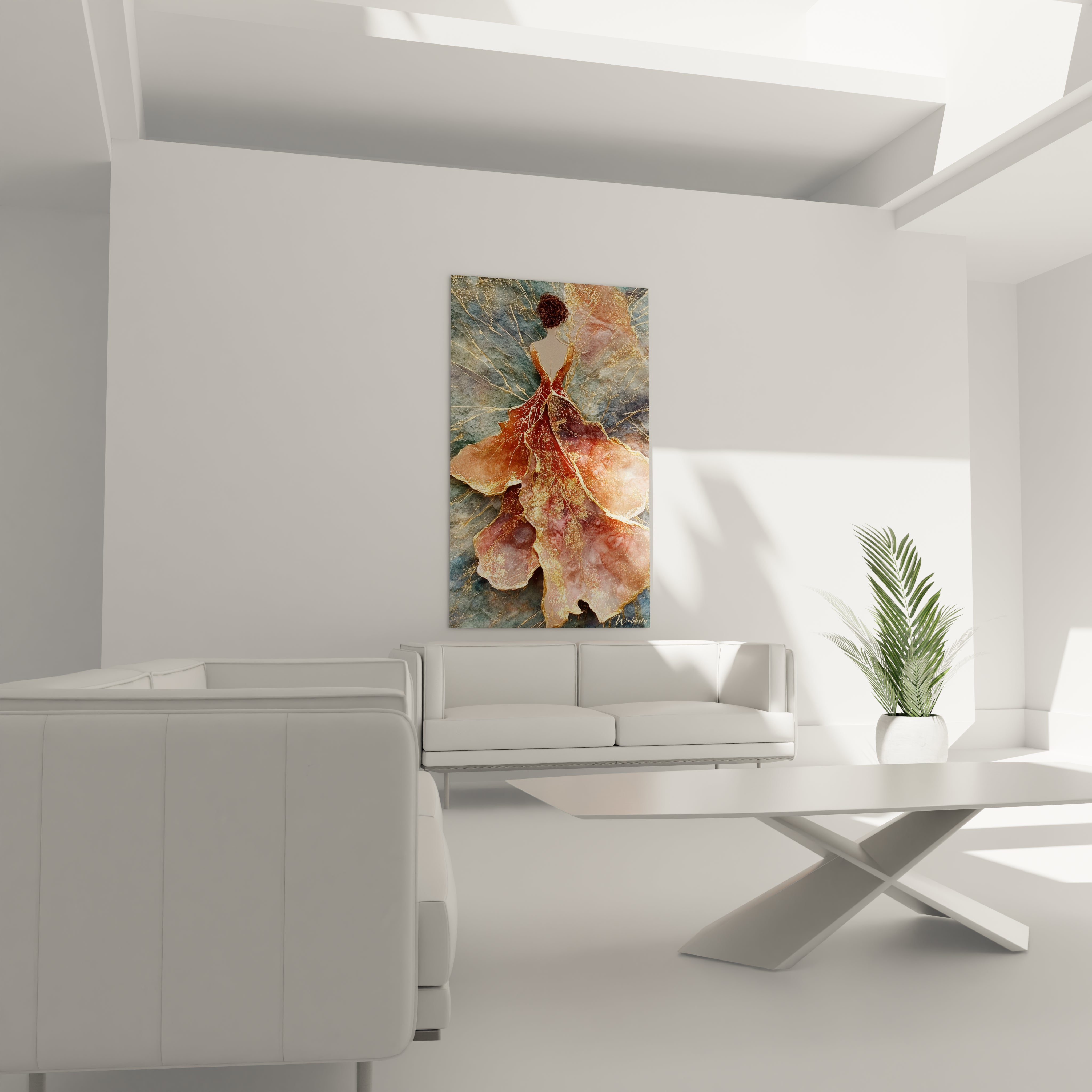 Tableau mural robe haute couture avec une œuvre d'art stylisée sur fond beige
