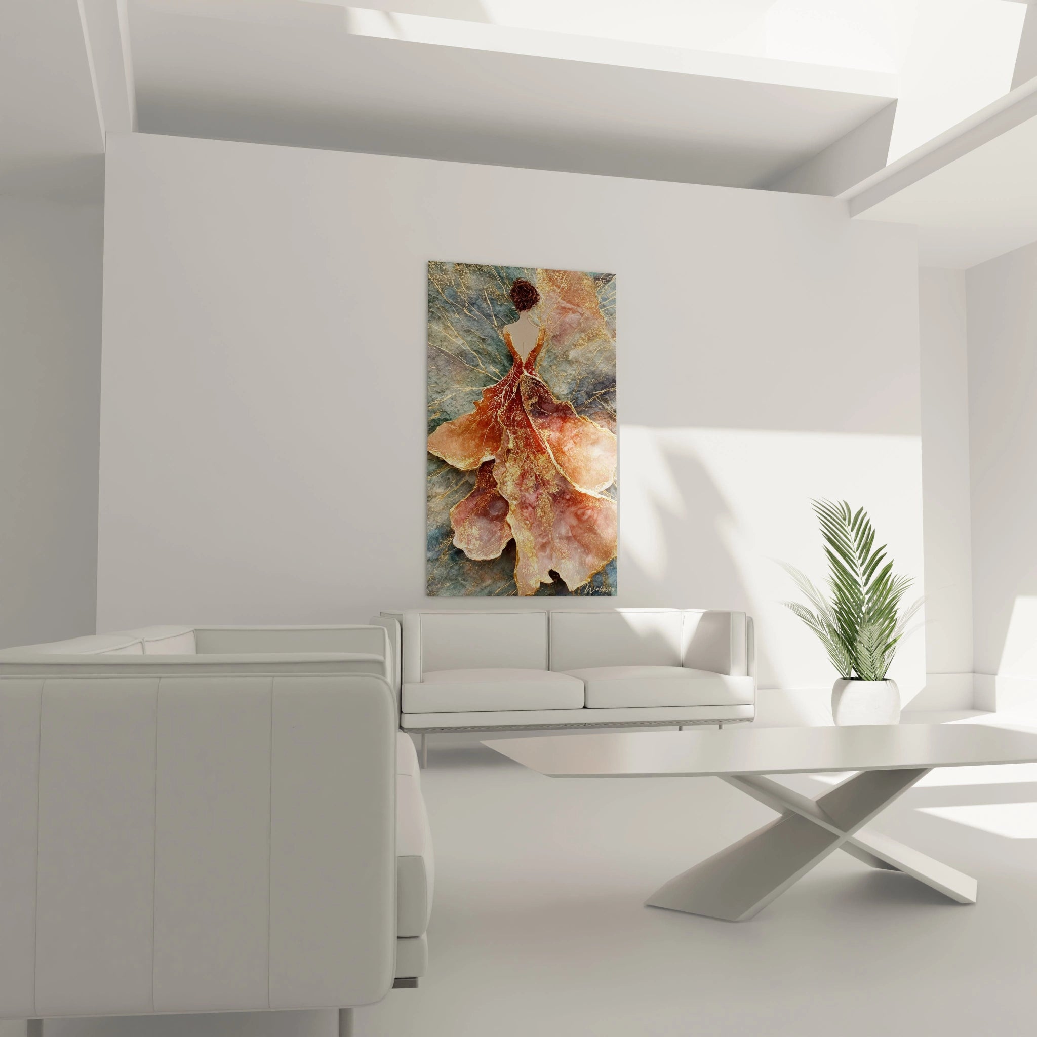 Tableau mural robe haute couture avec une œuvre d'art stylisée sur fond beige