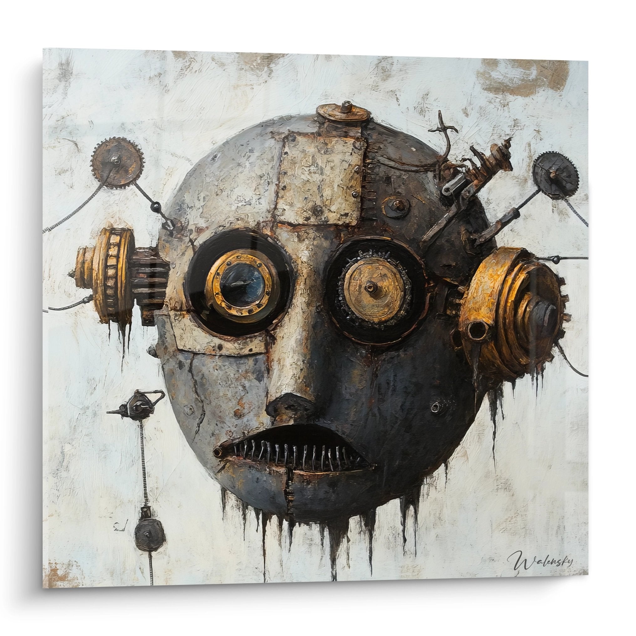 Tableau robot steampunk avec engrenages dorés et visage mécanique industriel sur fond blanc patiné