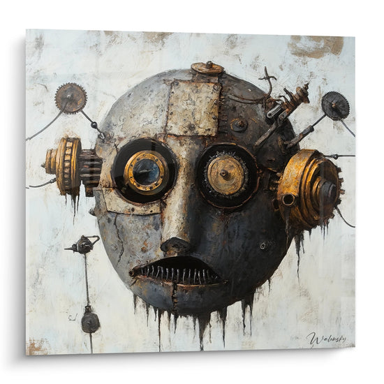 Steampunk Robot Painting - Mechanical Face with Golden Gears - Machines and Gears Edition