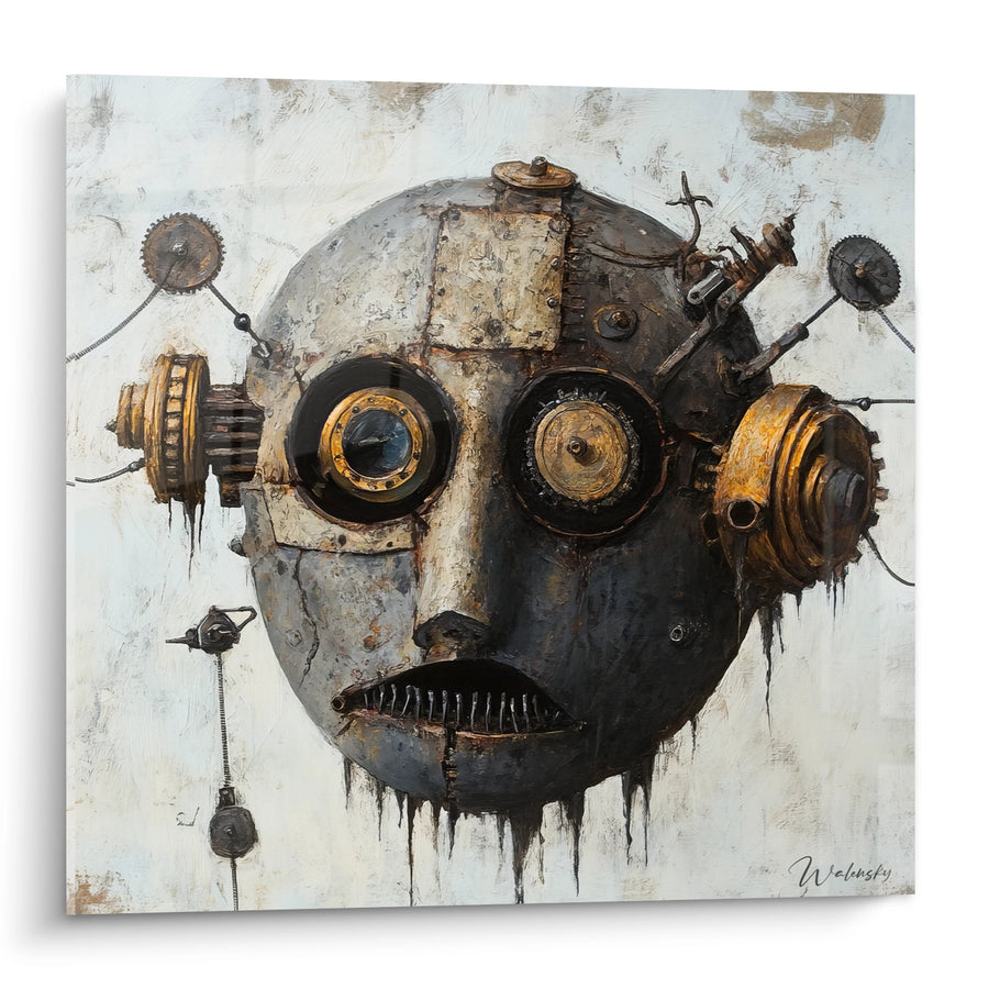 Tableau robot steampunk - Visage mécanique aux engrenages dorés - édition machines et engrenages