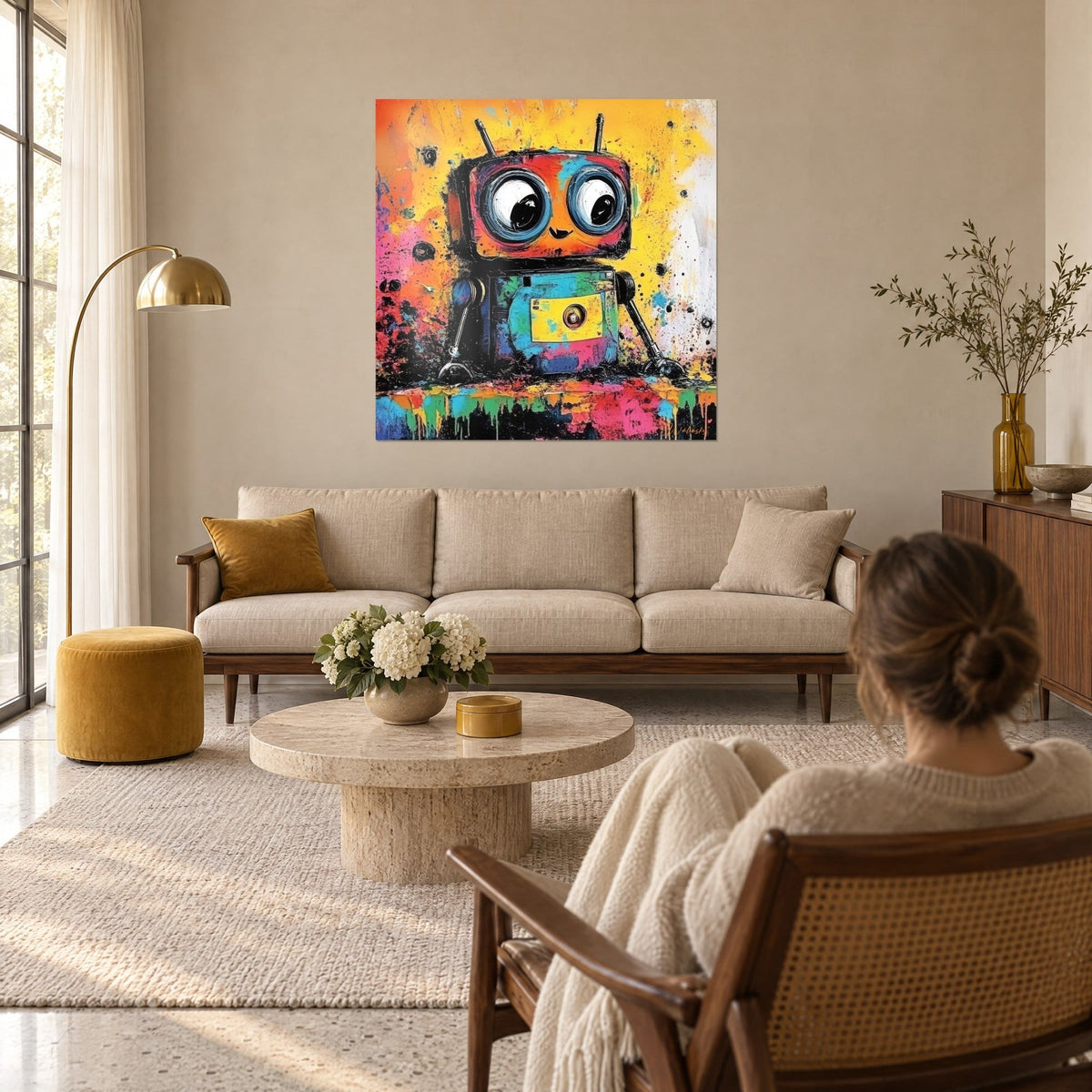Tableau petit robot aux yeux bleus ronds, corps jaune et turquoise, éclaboussures orange, au-dessus d'un canapé dans un salon lumineux