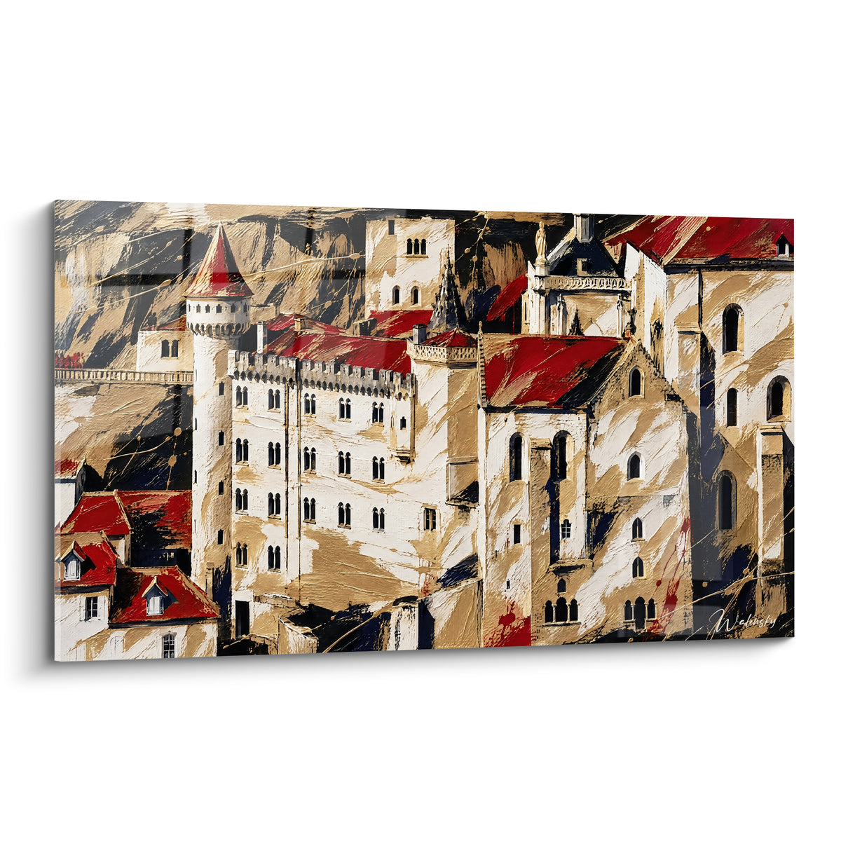 Citadelle Rocamadour aux toits rouge brique et façades ocre dorées, style empâté texturé