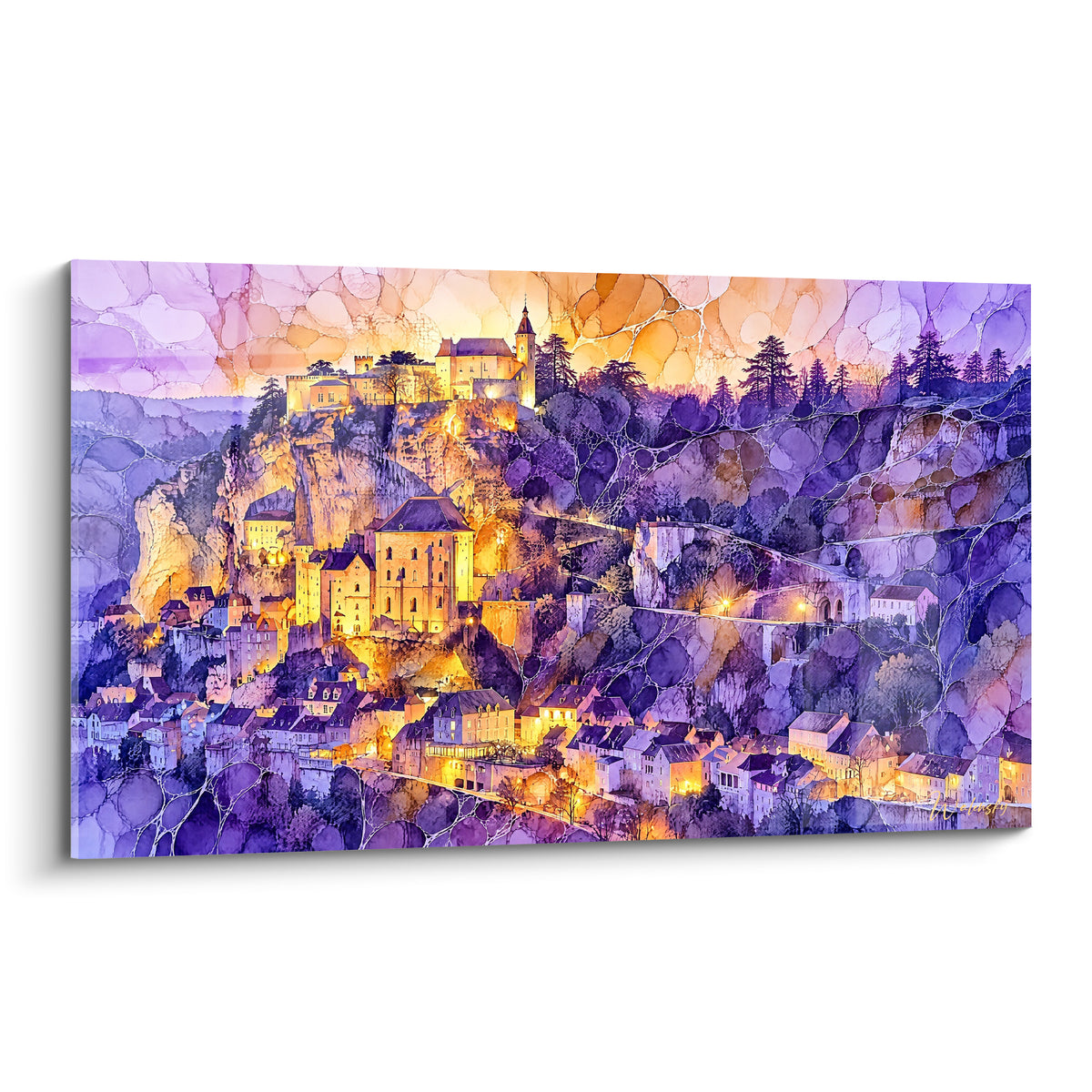 Quadro della città di Rocamadour, dorata e viola, aggrappata alla sua rupe al crepuscolo, in stile acquerello