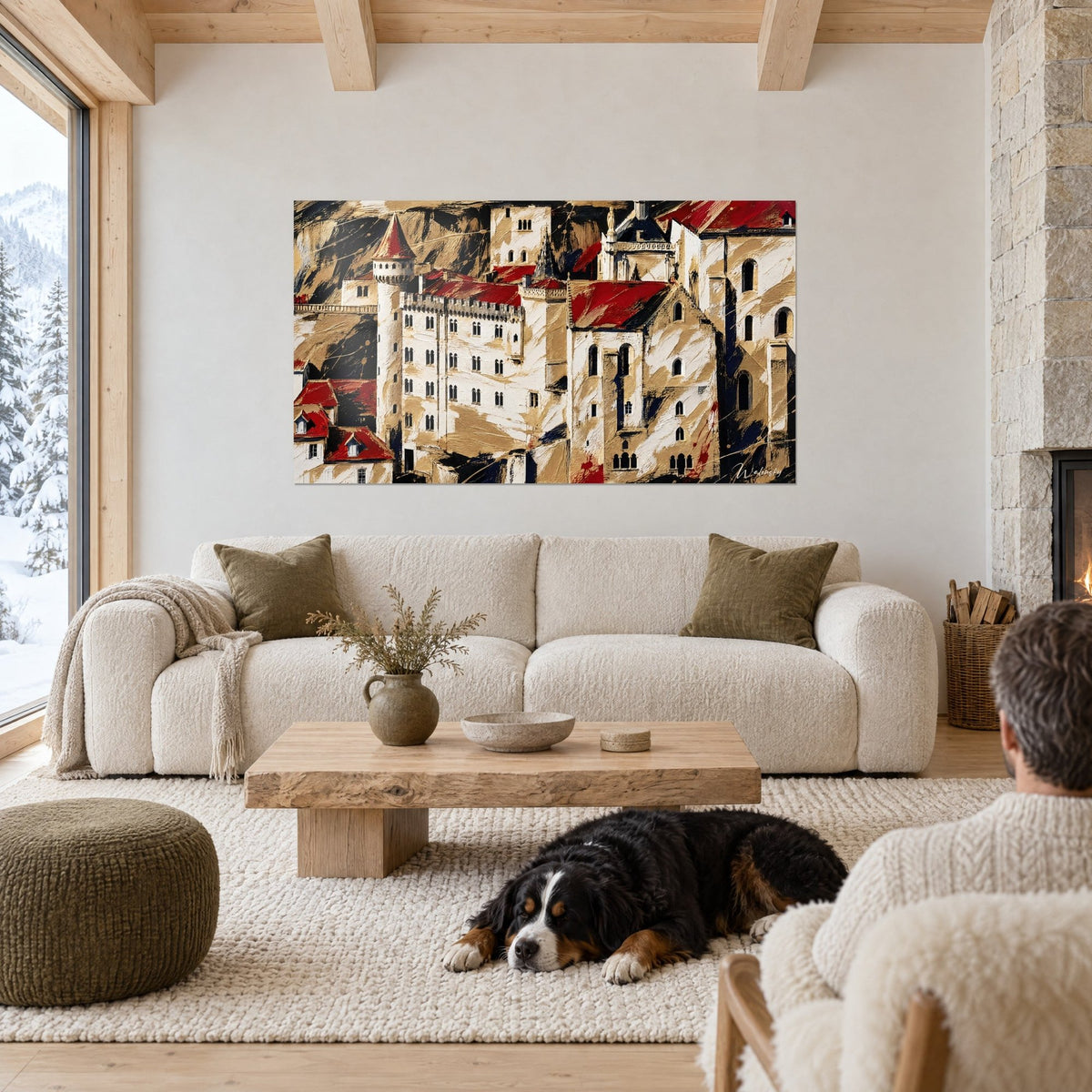 Wall art white castle with red rooftops and a pointed turret, ochre and gold rock, dog lying down, above a sofa in a bright living room