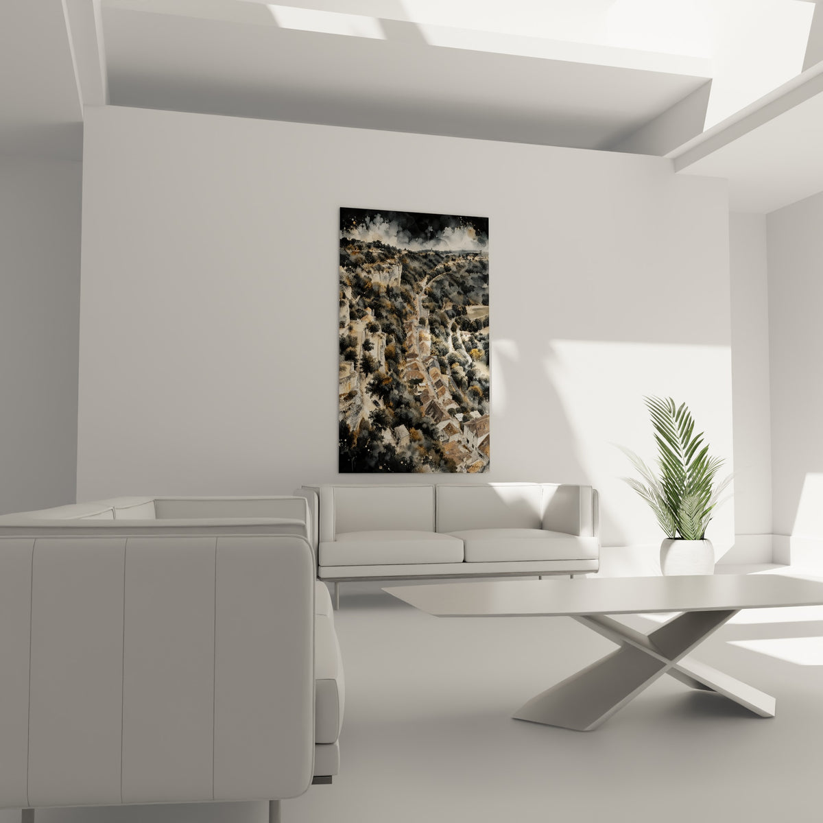 Falaise et maisons ocre de Rocamadour sous ciel orageux, au-dessus d'un canapé dans un salon lumineux