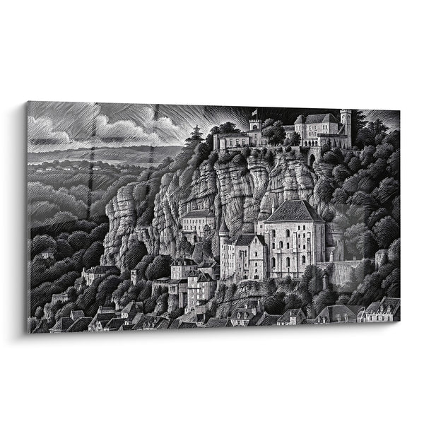 Tableau Village falaise noir et blanc gravure - Vertige du sanctuaire - Edition Rocamadour Occitanie France