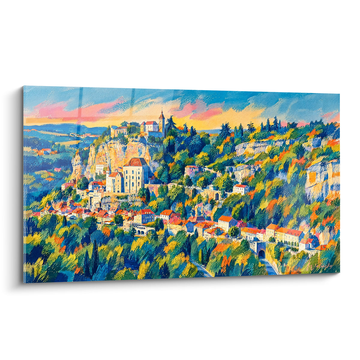 Rocamadour perché sur falaise ocre, toits orangés et ciel bleu-rosé au crépuscule