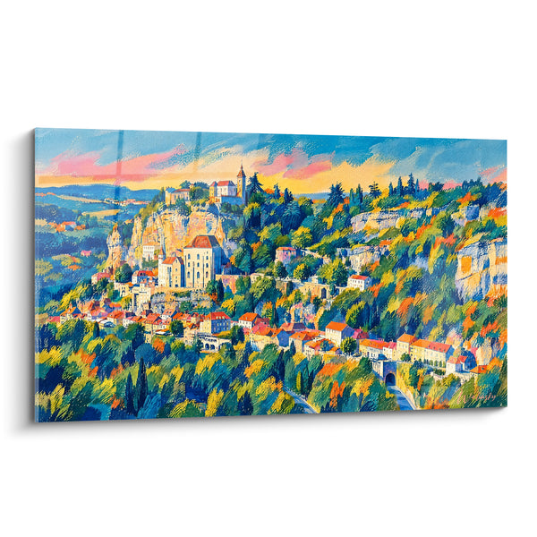 Tableau Village perché falaise orange et bleu - Lumière du soir sur la falaise - Edition Rocamadour Occitanie France