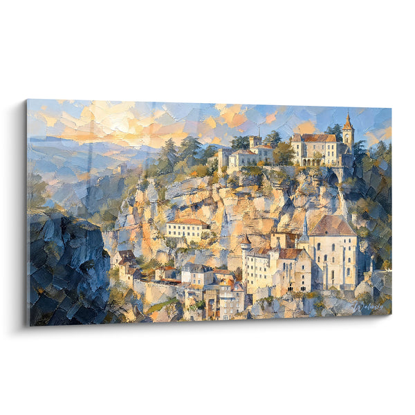 Quadro Villaggio su falesia ocra e blu luce dorata - Rifugio sulla roccia - Edizione Rocamadour Occitania Francia