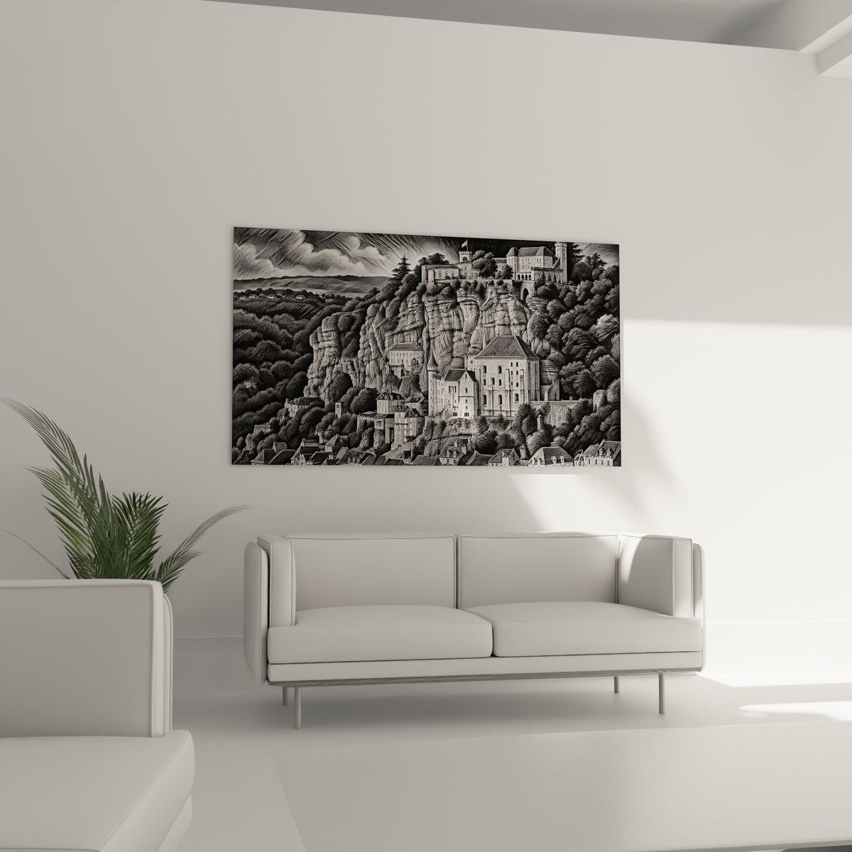 Sanctuaire de Rocamadour anthracite et blanc, toits serrés, suspendu au-dessus d'un canapé dans un salon lumineux