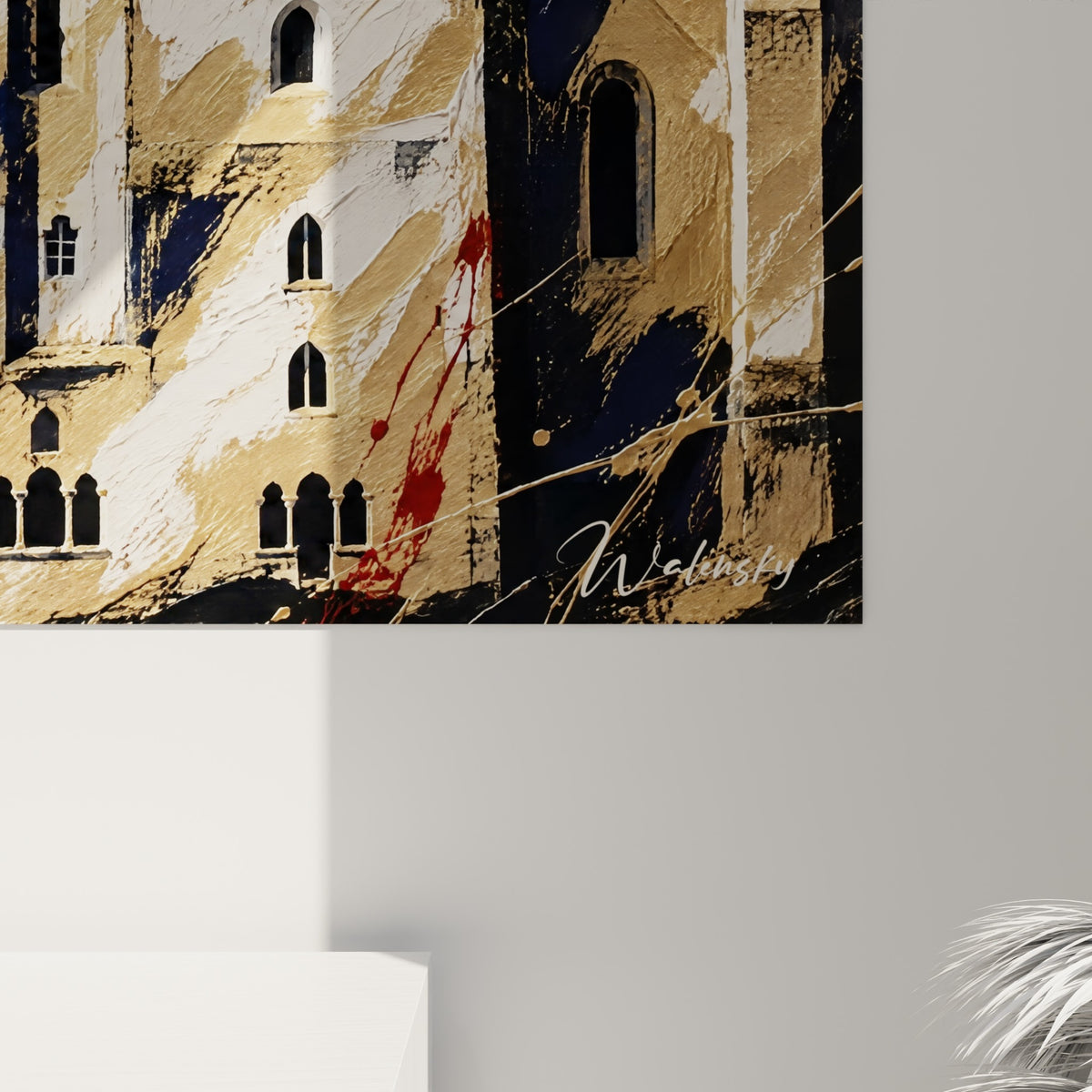 Empâtements dorés et coulures anthracite révélant la matière picturale du tableau Rocamadour