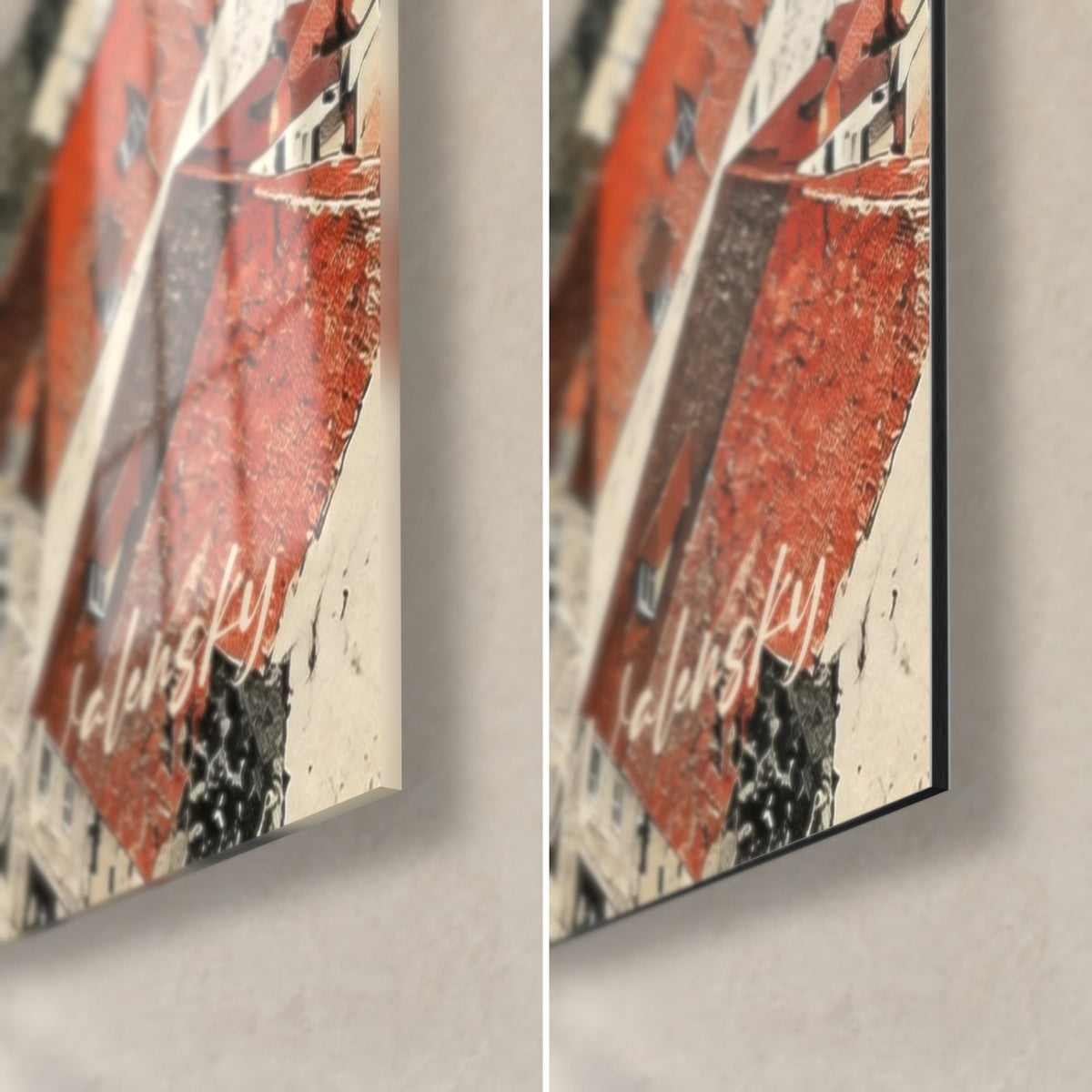 Wall art of a village with red rooftops in collage, bottom right corner: glossy acrylic glass with reflections on the left, matt black Dibond aluminium on the right