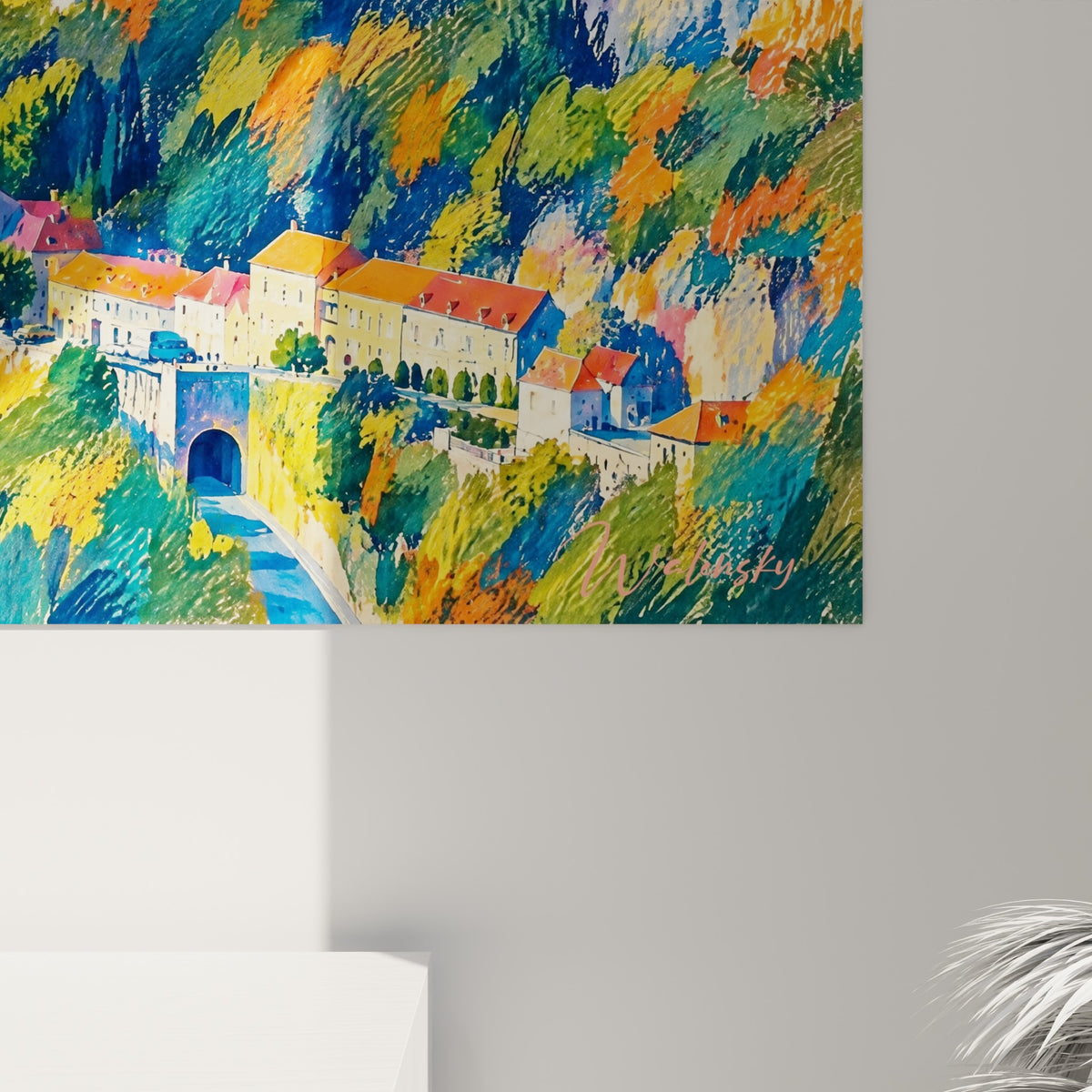 Wall art village on a cliff with blue and orange brushstrokes, bottom right corner in glossy glass and matte Dibond, 3 mm edge