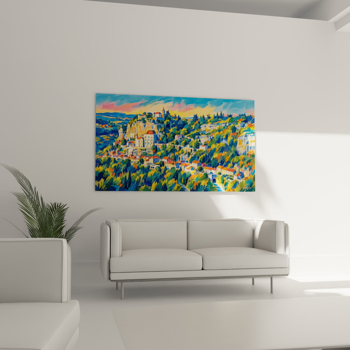 Cité médiévale de Rocamadour, falaise dorée et verdure, au-dessus d'un canapé dans un salon lumineux