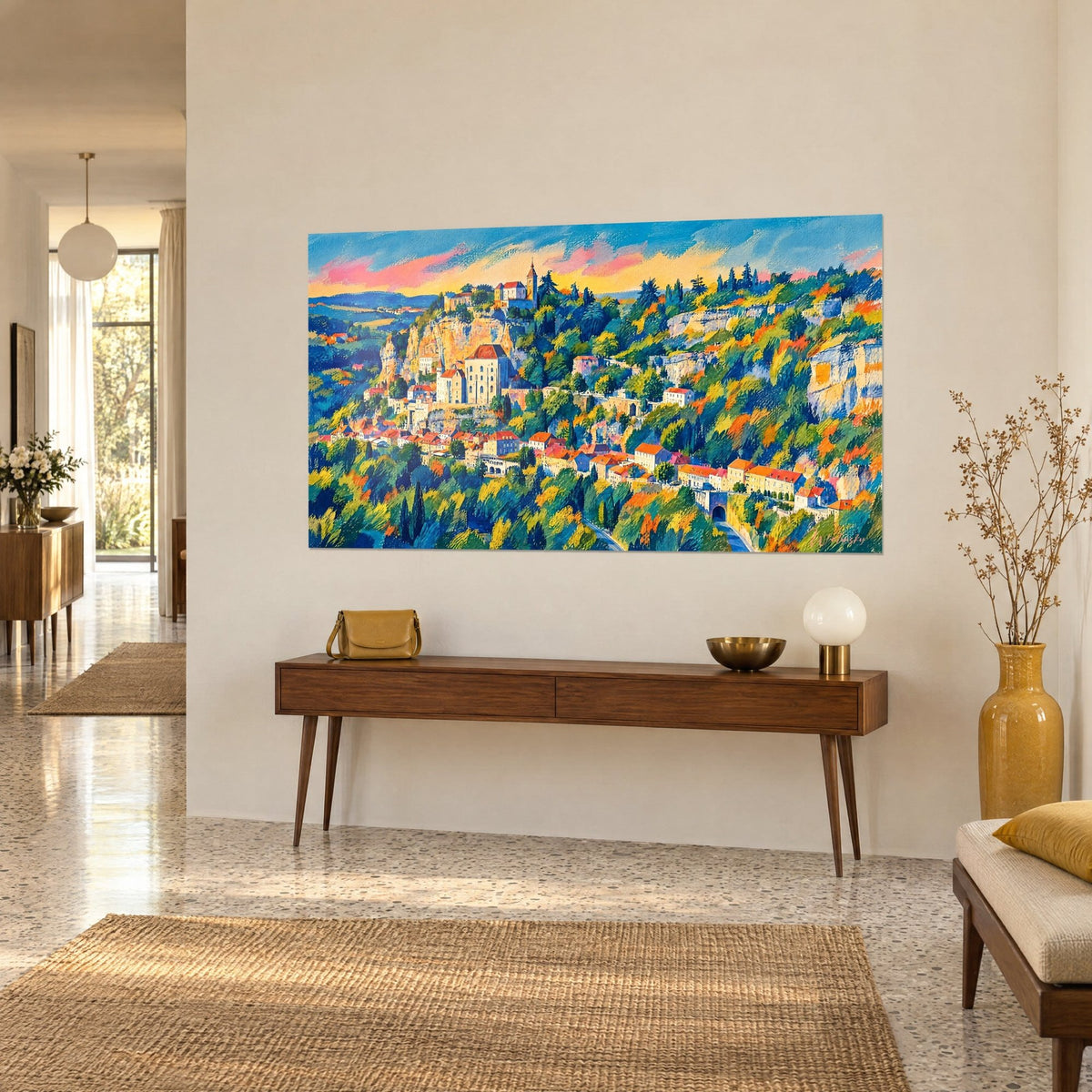 Wall art medieval town clinging to the rock, red bell tower, yellow and pink sky, three-quarter view above a wooden piece of furniture, 1950s living room
