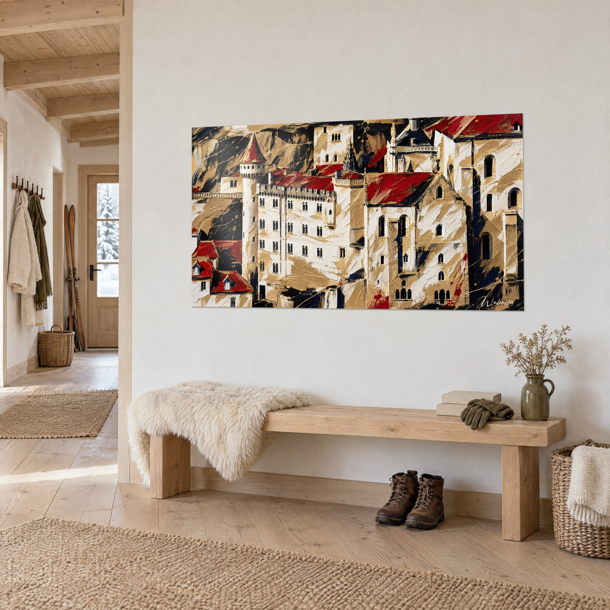 Wall art fortified town of Rocamadour with dark battlements, ivory walls and red rooftops, on the wall of a light wood entryway