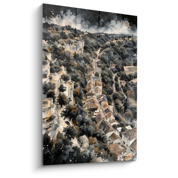 Painting Village cliff roofs ochre and dark greenery - View from the heights - Edition Rocamadour Occitanie France