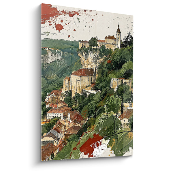 Schilderij Puntige klokkentoren beige en groen met rode spatten - Panorama onderaan - Editie Rocamadour Occitanie Frankrijk