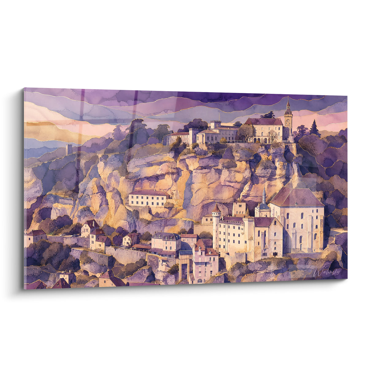 Village médiéval ocre perché sur falaise dorée sous un ciel violet dégradé, style aquarelle graphique