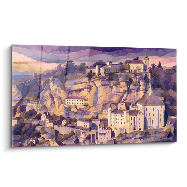 Tableau Village médiéval ocre et violet sur falaise - Citadelle au crépuscule - Edition Rocamadour Occitanie France