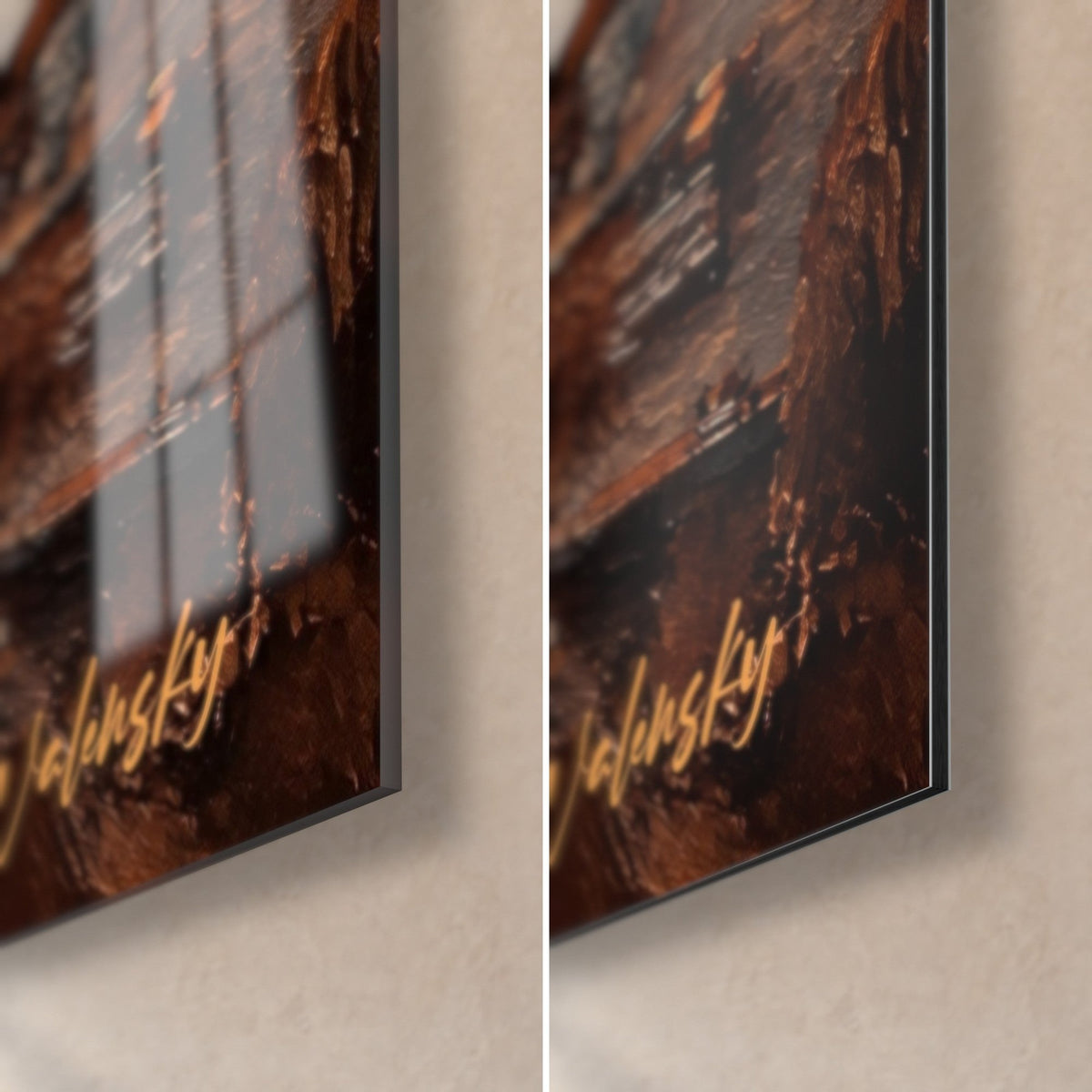 Wall art metal pylons over ochre water, bottom right corner: glossy glass with reflections, matte black Dibond aluminium and 3 mm edge
