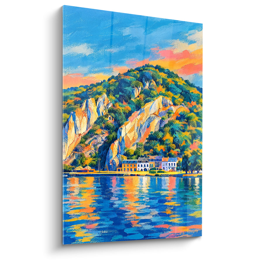 Painting Steep Rock Blue and Gold on the Meuse - Evening Light on the Water - Rocher Bayard Edition Wallonia Belgium