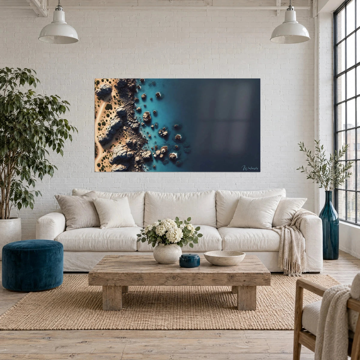 Schilderij rotskust vanuit de lucht gezien, turquoise en middernachtblauw water, okerkleurig voetpad, boven een bank in een lichte woonkamer