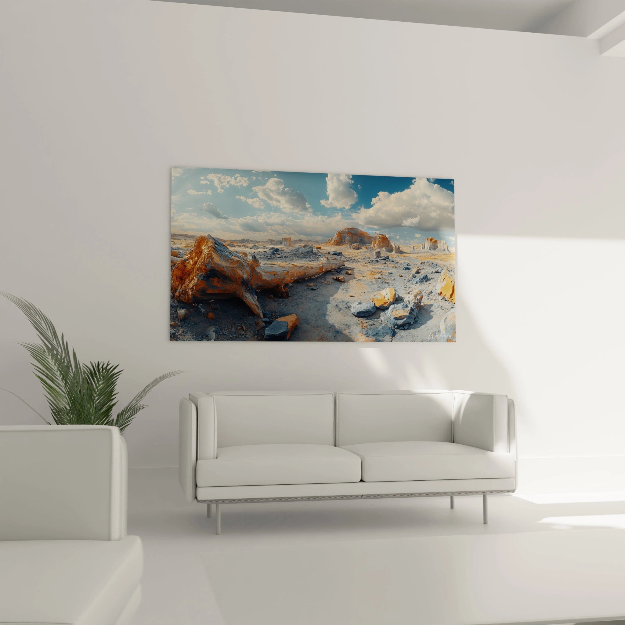 Tableau désert aux tons chauds présentant des rochers sculptés par l'érosion avec des mesas monumentales sous un ciel bleu parsemé de nuages blancs
