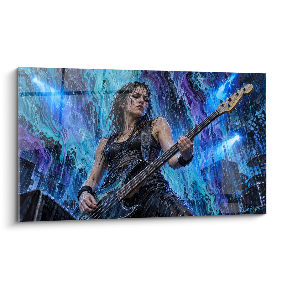 Tableau Bassiste trempée en robe noire et bleue - Cheveux ruisselants plaqués - Edition Rock